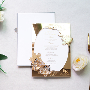 Élégante carte de menu de mariage en or, découpée au laser et gravée, avec motifs floraux et textes personnalisés pour la décoration de table de banquet de mariage - Product Image 4