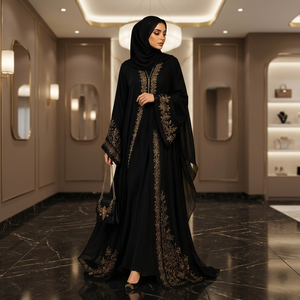 Abaya noire brodée en polyester, longue et fluide, à manches longues, style Sheikh, élégante, pour femme musulmane, style indien et pakistanais - Product Image 2