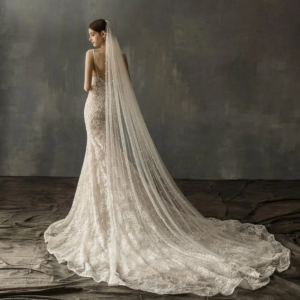 Romantik özelleştirilmiş güzel düğün elbisesi inci uzun peçe fildişi gelin peçe