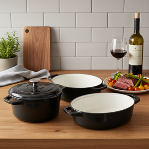 Vente directe d'usine de batterie de <span class=keywords><strong>cuisine</strong></span> en fonte émaillée 3 pièces, casseroles en fonte émaillée noire, ustensiles de <span class=keywords><strong>cuisine</strong></span>, cocotte en fonte - Product Image 1