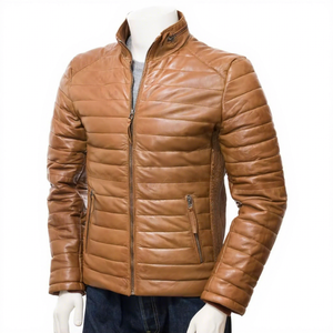 Chaqueta de Cuero Marrón Genuino para Hombre, Acolchada, Corte Ajustado, con Cuello Alto, Estilo Clásico Personalizado para Invierno - Product Image 1