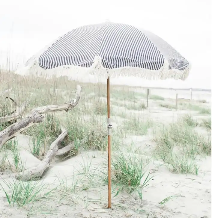 Custom Luxury Portable 8 Feet, Vintage Boho Wooden Pole Canvas Yellow Fringe Sun Outdoor Parasols Beach Umbrellas With Tassels
