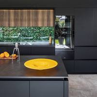 Ensemble d'armoires de cuisine noires de luxe, meuble mural de garde-manger en bois foncé, plaque de cuisson à induction, suspension linéaire personnalisée