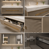 Meuble-lavabo mural de luxe moderne cannelé avec vasque et miroir LED rond pour projets hôteliers et d'appartements