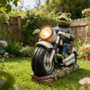 Figurine de <span class=keywords><strong>grenouille</strong></span> motard sculptée en résine avec LED solaire pour décoration extérieure de pelouse et de patio, Fourniture en gros B2B - Product Image 1