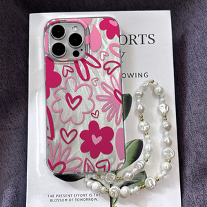 Coque <span class=keywords><strong>de</strong></span> téléphone antichoc en TPU souple avec motif floral rose, cœur argenté, peinture UV, et lanière perlée <span class=keywords><strong>pour</strong></span> iPhone 16 15 14 Pro Max avec protection d'objectif - Product Image 3