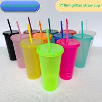 Tasse à paille pailletée 24oz 710ml Gobelet en plastique simple paroi dure PP en plastique Tasses à café et à thé à bulles avec couvercles réutilisables