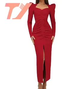 TUOYI Autumn And Winter New V-Neck Bubble Sleeves Sheath Dress For European and American Women's Wear Midi Dress