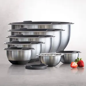 Großhandel Lebensmittel qualität poliert Spiegel Edelstahl Salat Gemüse Schalen Metall Deep Mixing Bowl Set mit Deckel