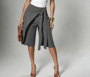 Office <strong>Lady</strong> Elegant Skirt Pants, High Waist Straight Leg Layered Wrap <strong>Culottes</strong> with Sash Detail - Product Image 6