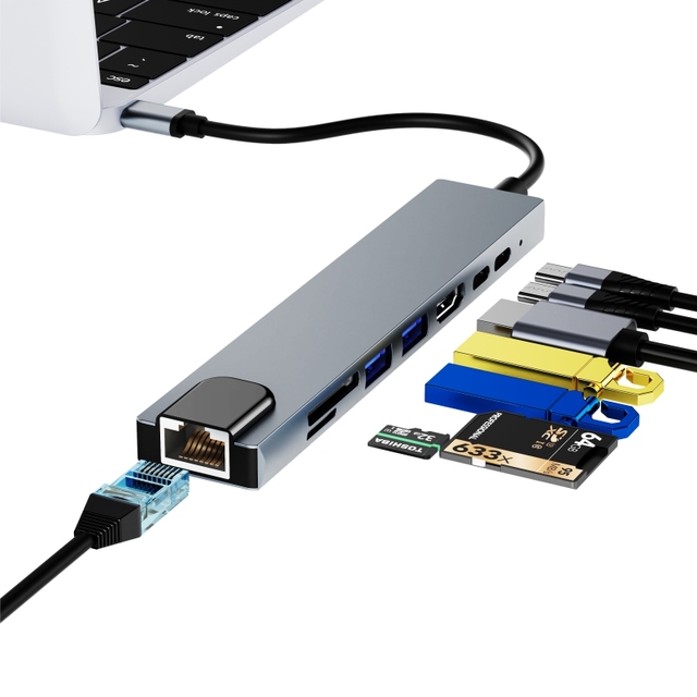 OEM 8 in 1 Usb Hub to Lan RJ45 Access VGA PD Port SD TF Card Clip Usb C Hub 3.0 for MacBook Pro Air USB Charging Hub