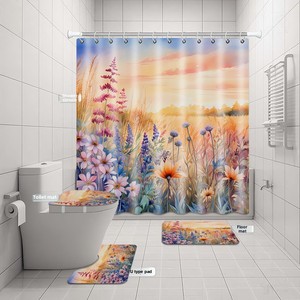 Juego de <span class=keywords><strong>cortinas</strong></span> de baño de cuatro piezas superventas de <span class=keywords><strong>Amazon</strong></span>, cortina de <span class=keywords><strong>ducha</strong></span> impermeable de poliéster con estampado de pradera de flores silvestres de acuarela - Product Image 4