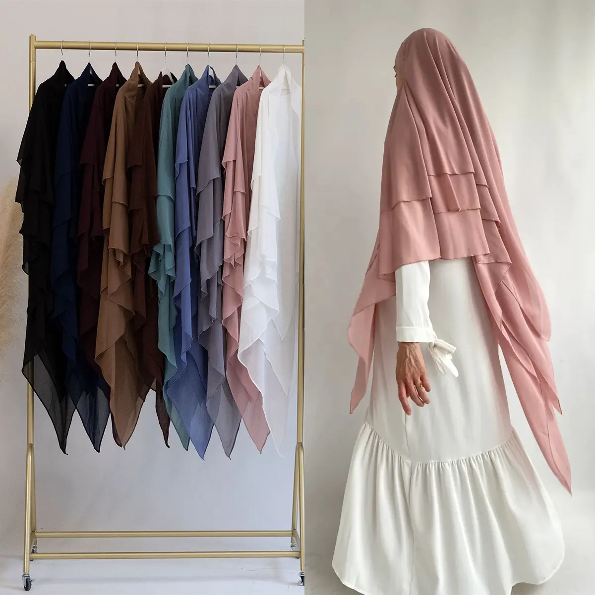 Venta al por mayor islámico Turquía Overhead Tie Back Llanura oración bufanda musulmana mujeres Hijab gasa 3 capas largo Niqab Jilbab Khimar