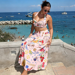 Women's 2 Piece Boho Floral Woven Halter Sleeveless Short <b>Crop</b> <b>Top</b> and Midi Skirt Set Vintage High Waist Summer Outfit - Product Image 2