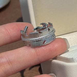 S925 Pure Silver Leaf <b>Ring</b> Niche Design Simple Fashionable Vintage Zircon Micro-Inlaid <b>Open</b> Mouth <b>Ring</b> Rhodium Plated Jewelry - Product Image 1