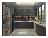 Panneau moderne étanche en forme de U Mdf porte intelligente armoire à tiroirs encre noir armoires de cuisine murales en acier inoxydable