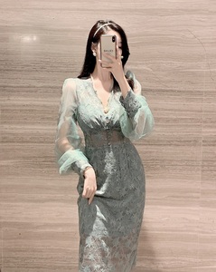 Elegante Abito in Pizzo <span class=keywords><strong>al</strong></span> <span class=keywords><strong>Ginocchio</strong></span>, Scollo a V, Maniche Lunghe, Patchwork, Vita Elasticizzata, Vestito Traspirante - Product Image 2