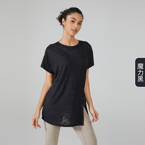 Round <b>Neck</b> Breathable Four-Way Stretch Fitness T-Shirts Workout Short Sleeve Yoga Shirt Solid Color Women Polyester/Cotton - Product Image 5