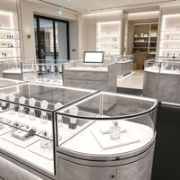 Solution de design de boutique de parfums tout-en-un : comptoir d'exposition de parfums en verre acrylique incurvé, vitrine personnalisée, aménagement intérieur de magasin