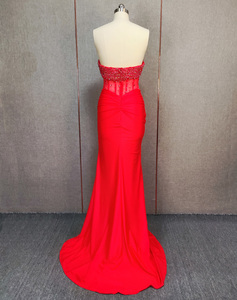 Abito da Sera Lusso Dubai Rosso Arabo Senza Spalline con Spacco Laterale e Perline, Stile <span class=keywords><strong>Sirena</strong></span>, per Occasioni Formali - Product Image 6