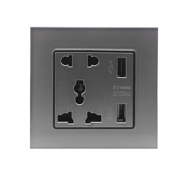 Factory Dual 2 USB Charging Ports 13A 110-250v Glass Residential Hotel Electrical Universal Wall Socket