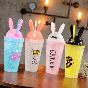 Nieuwe Dubbele Muur Herbruikbare Plastic Ijs Drinkbekers Fles Zomer 450Ml Cool Schattige Konijnenrietje Beker Waterfles - Product Image 1
