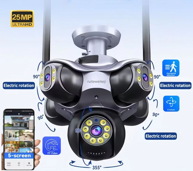 25MP Five Screen WiFi Camera Five Lens CCTV Security IP Camera Video Surveillance 720° PTZ Home Security Camera