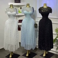 HK75767 Robes d'automne pour femmes, vente chaude, décontractées et élégantes, col rond, manches courtes, ajustées, froncées, en dentelle, avec robe intérieure