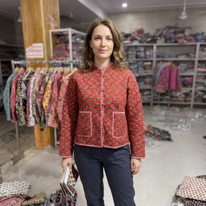 Red <b>Quilted</b> Cotton <b>Jacket</b> With Mandarin Collar Sleeve Printed <b>Pattern</b> Single Button Closure Women's Autumn Wear GIFT FOR HER - Product Image 1