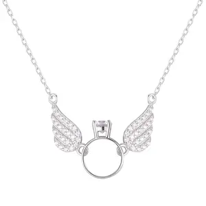 Fashionable 925 Sterling Silver Angel Wings Cubic Zirconia Rhodium Plated Pendant Women's Necklace High Jewelry