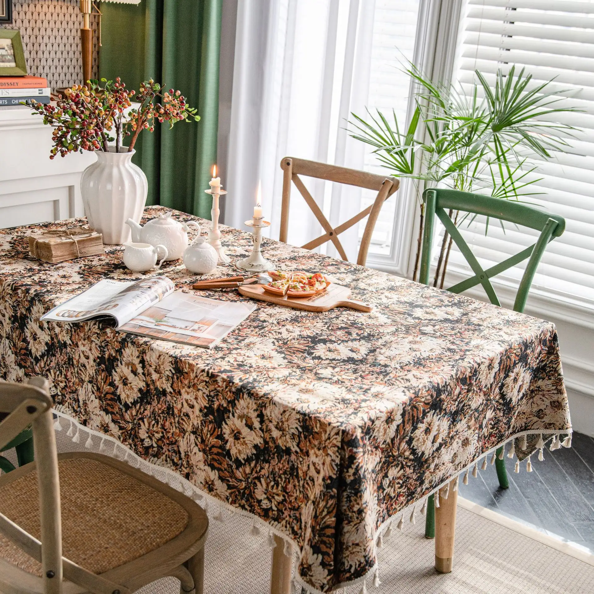 Groothandel Amerikaanse Olieverf Bloemen Jacquard Katoen Linnen Als Kwastjes Klassiek Tafelkleed Eettafel Hoes