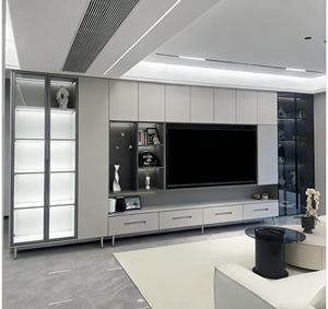 Meuble TV intégré gris moderne - Meuble de salon élégant avec étagères à éclairage LED et organisation de rangement dissimulée - Product Image 2