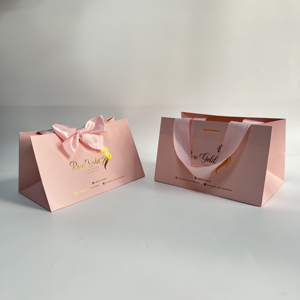 Wholesale Matte Pink Paper <b>Handbags</b> Gold Foil Printed Brand Logo <b>Big</b> Satin Bow Shopping Bags For Hair Business Cosmetic - Product Image 6