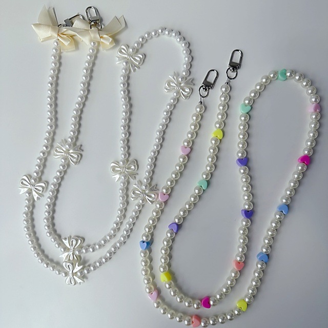 New Fashion Wholesale Ins Style  Beaded Long Crossbody Mobile Phone Chain Lanyards Pearl Bow Backpack Rope Chain