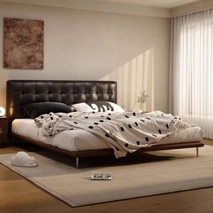 Black Waffle Leather Bed Traditional Chinese Style Solid Wood <b>Double</b> Bed Light Luxury, Modern Simple Ultra-thin Headboard - Product Image 2