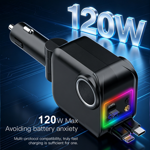ที่ชาร์จในรถยนต์แบบเร็ว 120W พร้อมสาย Type-C และ Lightning ในตัว ไฟ RGB จอแสดงผลดิจิตอล ช่องเสียบที่จุดบุหรี่ สำหรับ iPhone และ <span class=keywords><strong>Android</strong></span> - Product Image 5