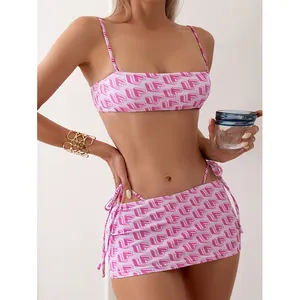 New Arrival Allover Print Bikini Swimsuit With Beach Skirt Girls Swimwear 3 Pieces Suits Quick Drying Breathable Bikinis