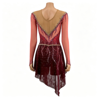 Robe de patinage artistique à col en V et manches longues, dégradé rouge vin, avec strass en maille pour enfants et adultes, pour compétitions et spectacles sur glace