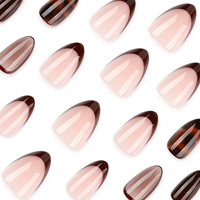 Faux ongles à presser faits main, couleur café foncé, dégradé écaille de tortue, nude, style français PMMA, forme amande, rétro, élégants pour usage quotidien, 24 pièces