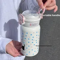 Gobelet double à boire en acier inoxydable pour chaton, motif à pois, style princesse mignon pour étudiant, gobelet à paille de haute qualité