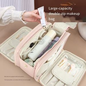 Large Capacity Double Zip Makeup Bag Travel Cosmetic Organizer with Brush Holder - Product Image 2