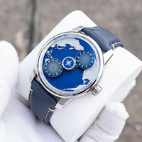 Montre mécanique entièrement automatique à mouvement étoilé rotatif, personnalisée, petite échelle, planète bleue, bracelet en cuir, pour homme