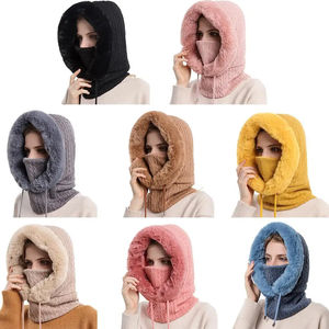 Wholesale Winter Fur Cap Set Hooded for <b>Women</b> Knitted Cashmere <b>Neck</b> Warm Ski Windproof Hat Thick Plush Fluffy Hood - Product Image 5