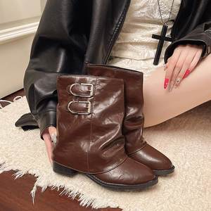 מגפי אבזם לנשים בסתיו ובחורף, ילנה בריטית חדשה בסגנון קואובוי קצר - Product Image 2