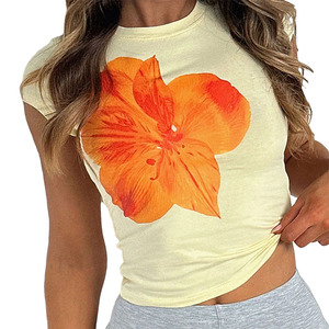 <span class=keywords><strong>T</strong></span>-<span class=keywords><strong>shirt</strong></span> à manches courtes pour <span class=keywords><strong>femme</strong></span>, style Y2K printemps-é<span class=keywords><strong>t</strong></span>é, col rond, coupe ajustée, imprimé floral, décontracté - Product Image 3