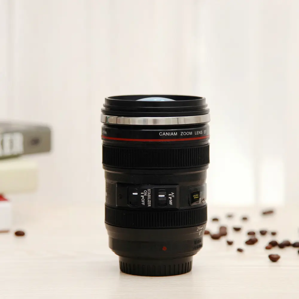 Caneca de café personalizada slr, copo térmico preto de aço inoxidável com câmera Ef24-105mm