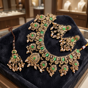 Gold Plated Alloy Fancy Collection Geometric Zircon <b>Pearl</b> Kundan Certified High Quality Latest Designed <b>Necklace</b> <b>Set</b> Jewelry - Product Image 3