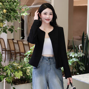 Women's Autumn Winter Round Neck Blazer Black Solid Color Polyester Woven Slim Fit Casual <b>Jacket</b> <b>Short</b> Coat - Product Image 2