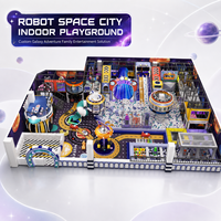 Équipement de terrain de jeu intérieur pour enfants sur le thème de la ville spatiale, avec piscine à balles, labyrinthe, toboggan et obstacles d'aventure