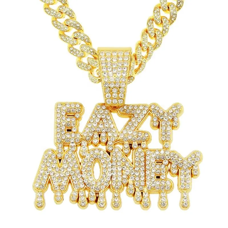 Big miami chain men's jewelry hip hop alloy and full bling CZ rhinestone EAZY MONEY letter pendant chokers necklace